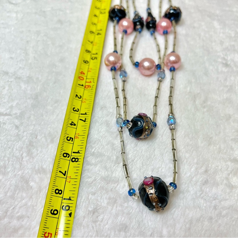 Vintage 3-strand Wedding Cake Beaded Necklace with Bugle Beads & Pink Pearls - Picture 5 of 15